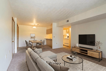 Coldwater apartment for rent - A living room with a grey couch and a glass coffee table.