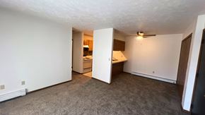 Kingston apartment for rent - an empty living room with a kitchen in the corner
