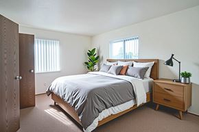 Tuscaloosa apartment for rent - A bedroom with a bed, nightstand, and a plant.