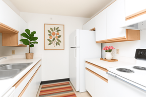 Tuscaloosa apartment for rent - A kitchen with white cabinets and a white fridge.