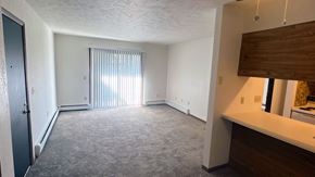 Kingston apartment for rent - an empty living room with a sliding glass door and a window