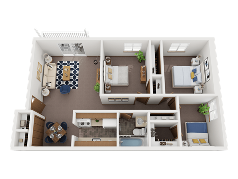 Floor plan for 3 beds, 1 bath, 768 sqft