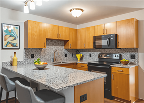 St. Clair apartment for rent - A kitchen with a granite countertop and wooden cabinets.