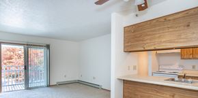 Ubly apartment for rent - a kitchen and living room with a sliding glass door to a balcony