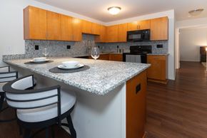 Fort Gratiot Twp apartment for rent - A kitchen with a granite countertop and wooden cabinets.
