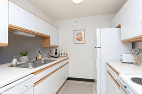 Kendallville apartment for rent - A kitchen with white cabinets and a white fridge.