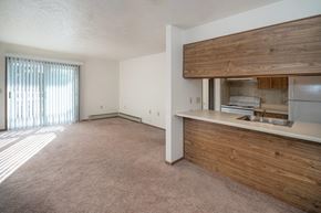 Port Sanilac apartment for rent - an empty living room with a kitchen and a window