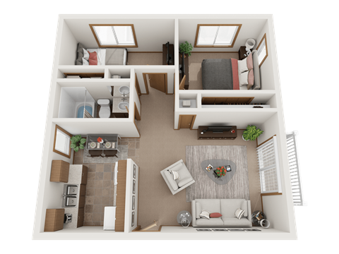 Floor plan for 2 beds, 1 bath, 834 sqft