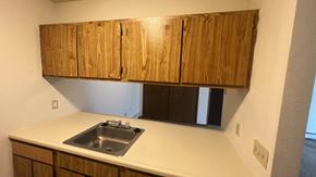 Elkton apartment for rent - an empty kitchen with a sink and wooden cabinets