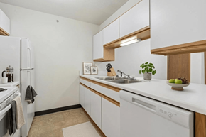Adrian apartment for rent - A kitchen with white appliances and wooden cabinets.