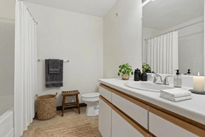Adrian apartment for rent - A bathroom with a white sink, toilet, and a white curtain.
