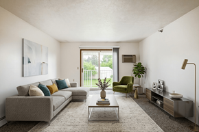 Hillsdale apartment for rent - A living room with a grey couch, a green armchair, a coffee table, and a large window.