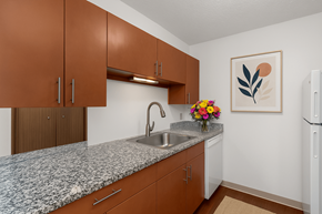 Augusta apartment for rent - A kitchen with brown cabinets and a granite countertop.