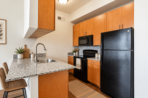 Midland apartment for rent - A black refrigerator sits in a kitchen with wooden cabinets and a granite countertop.