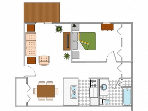 Floor plan for 1 bed, 1 bath, 700 sqft