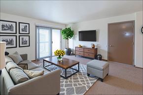 Grandview Plaza apartment for rent - A living room with a grey couch, a coffee table, a plant, a TV, and a brown door.