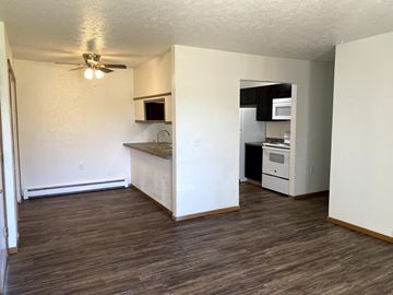 Bad Axe apartment for rent - A kitchen area with a counter and a fan.