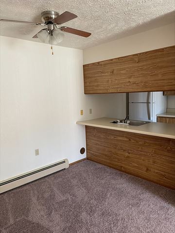 Mackinaw City apartment for rent - an empty kitchen with a sink and a ceiling fan