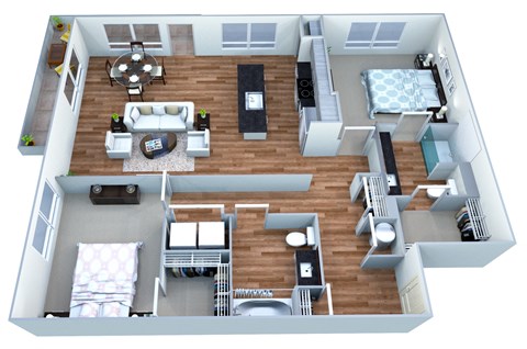 Floor plan for 2 beds, 2 baths, 1405 sqft