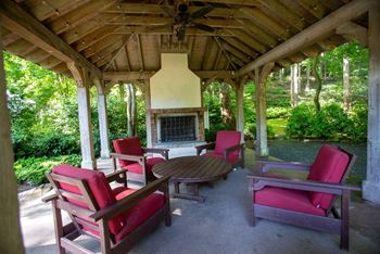 Covered, outdoor fireplace