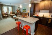 Atlanta apartment for rent - a kitchen and living room with red stools and a granite counter top