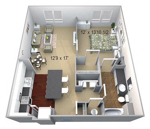 Floor plan for 1 bed, 1 bath, 775 sqft
