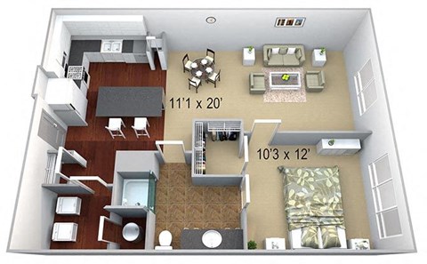 Floor plan for 1 bed, 1 bath, 701 sqft