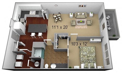 Floor plan for 1 bed, 1 bath, 761 sqft