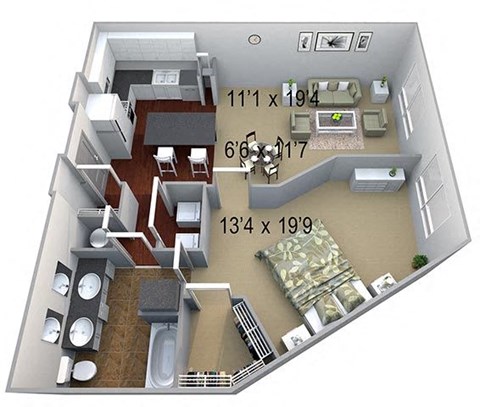 Floor plan for 1 bed, 1 bath, 900 sqft