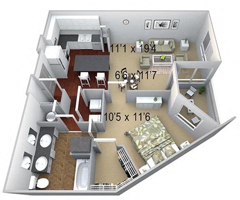 Floor plan for 1 bed, 1 bath, 897 sqft