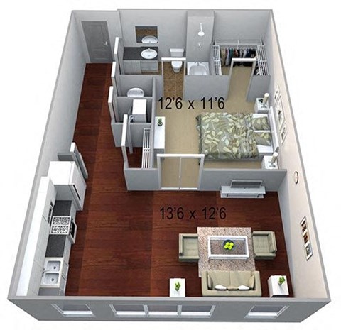 Floor plan for 1 bed, 1 bath, 706 sqft