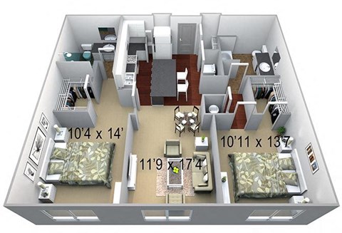 Floor plan for 2 beds, 2 baths, 1089 sqft