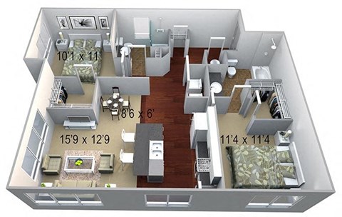 Floor plan for 2 beds, 2 baths, 1149 sqft