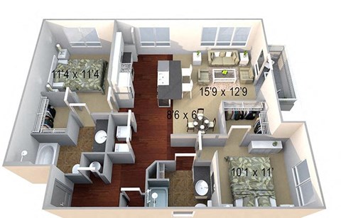 Floor plan for 2 beds, 2 baths, 1209 sqft