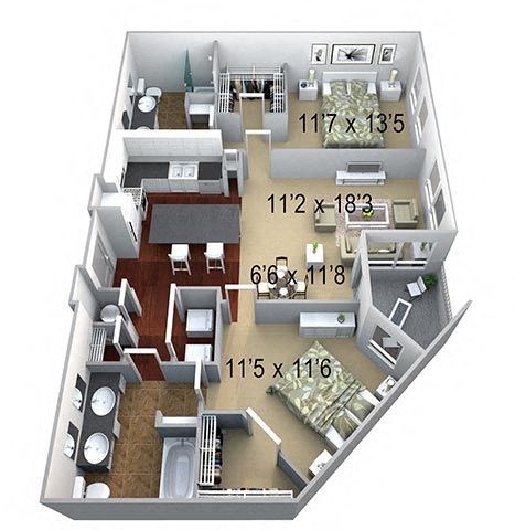 Floor plan for 2 beds, 2 baths, 1270 sqft