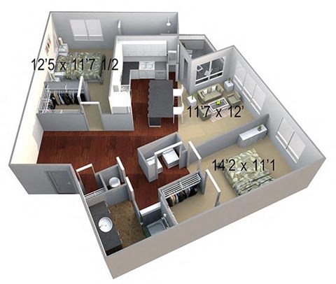 Floor plan for 2 beds, 2 baths, 1269 sqft