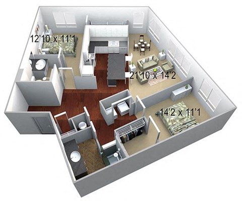 Floor plan for 2 beds, 2 baths, 1269 sqft