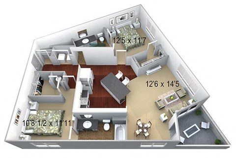 Floor plan for 2 beds, 2 baths, 1232 sqft