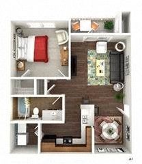 Floor plan for 1 bed, 1 bath, 701 sqft