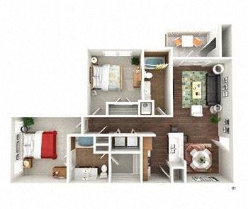 Floor plan for 2 beds, 2 baths, 1002 sqft