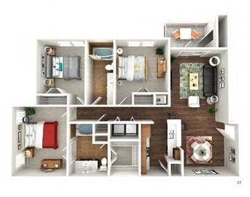 Floor plan for 3 beds, 2 baths, 1228 sqft