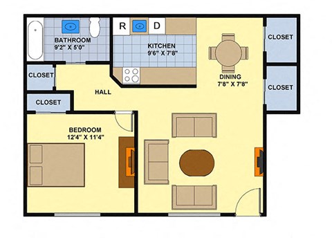 Floor plan for 1 bed, 1 bath, 636 sqft