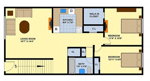 Floor plan for 2 beds, 1 bath, 831 sqft