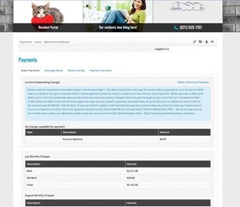 Screenshot of online resident portal