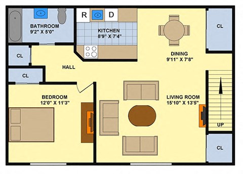 Floor plan for 1 bed, 1 bath, 636 sqft