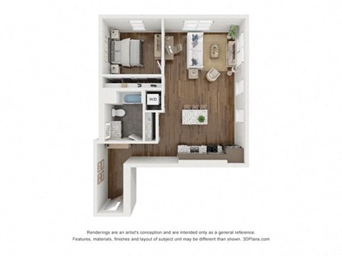 Floor plan for 1 bed, 1 bath, 838 sqft