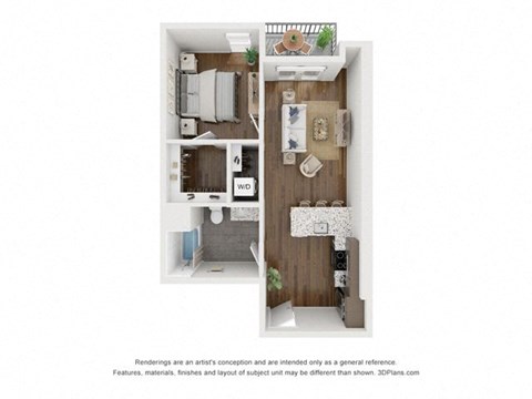 Floor plan for 1 bed, 1 bath, 652 sqft