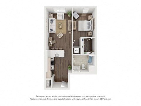 Floor plan for 1 bed, 1 bath, 768 sqft