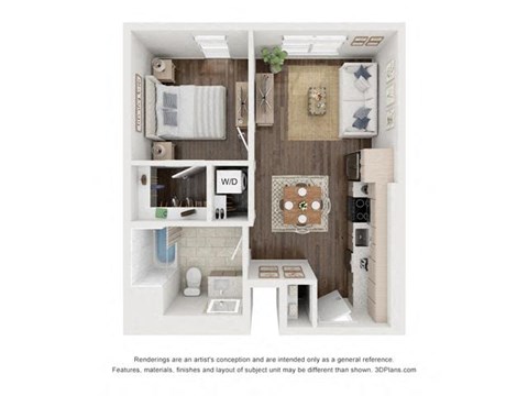 Floor plan for 1 bed, 1 bath, 587 sqft