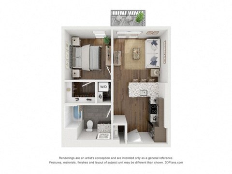 Floor plan for 1 bed, 1 bath, 591 sqft